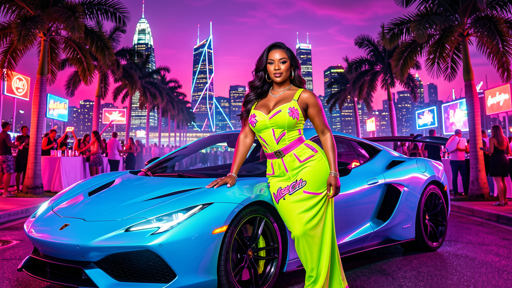 Glamorous adult woman near neon sports car