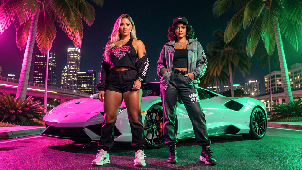 Tasteful neon Vice City inspired glamorous adult women visual
